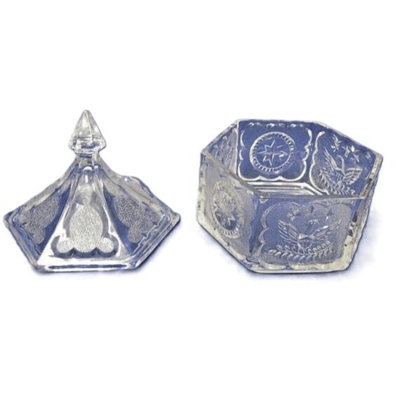 Vintage Lidded Glass Tiara Colonial Hexagon Candy Trinket Dish Eagles & … - Picture 3 of 7